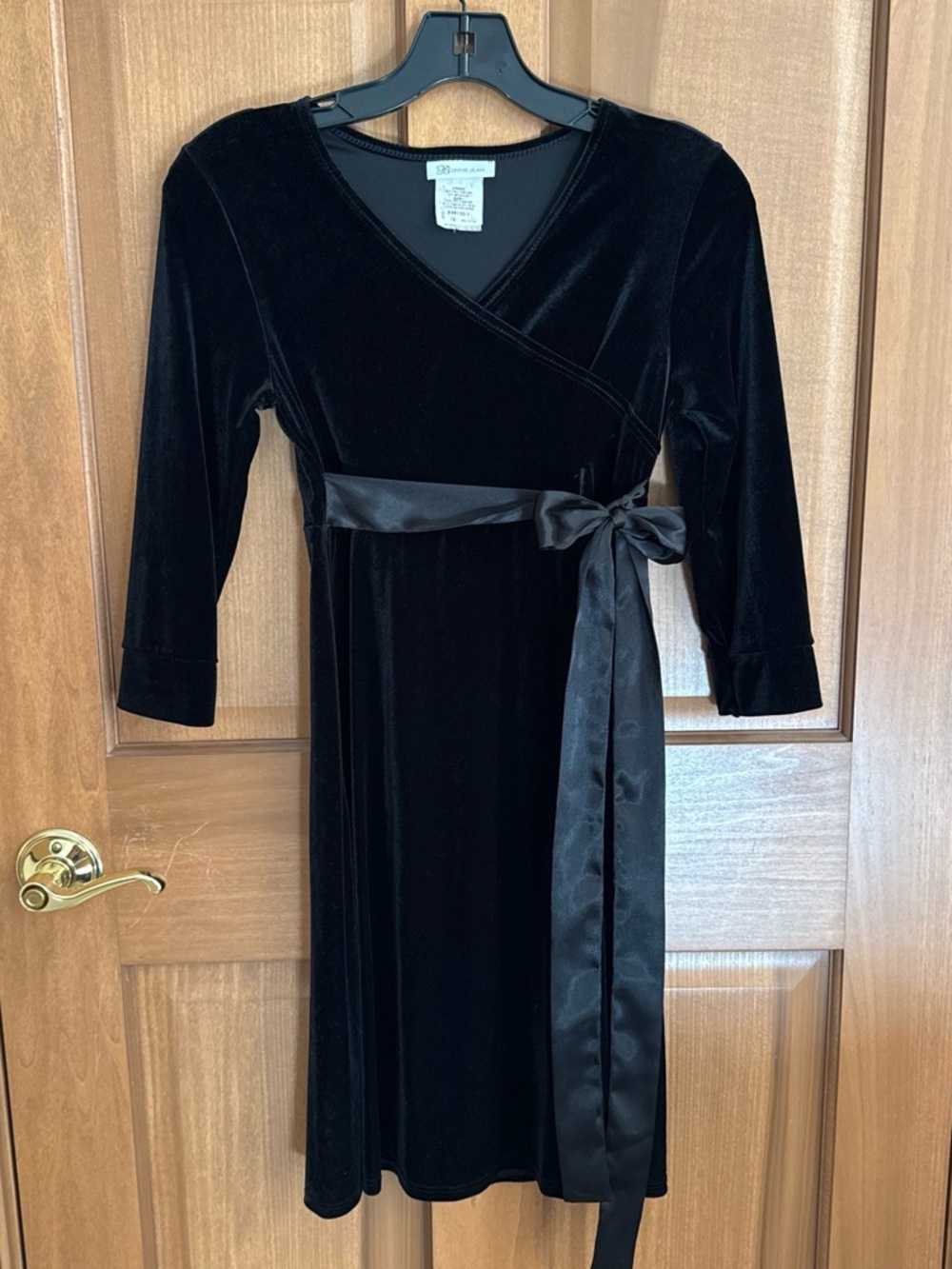 Bonnie Jean Black Velvet Dress with Satin Waist Tie